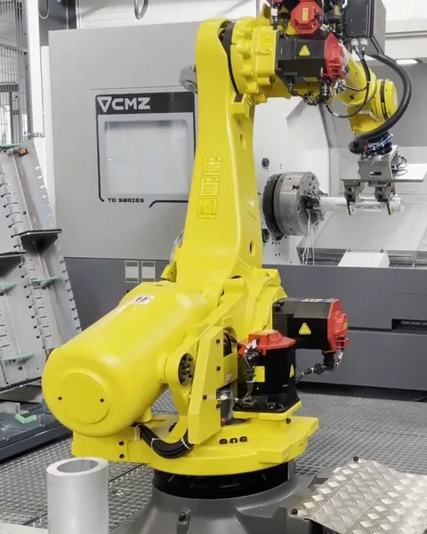 Robot six axes jaune devant un tour CMZ, préhenseur tendu vers le mandrin.