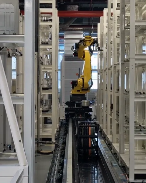 Robot jaune monté sur rail, au bout d’une allée de magasins de stockage.